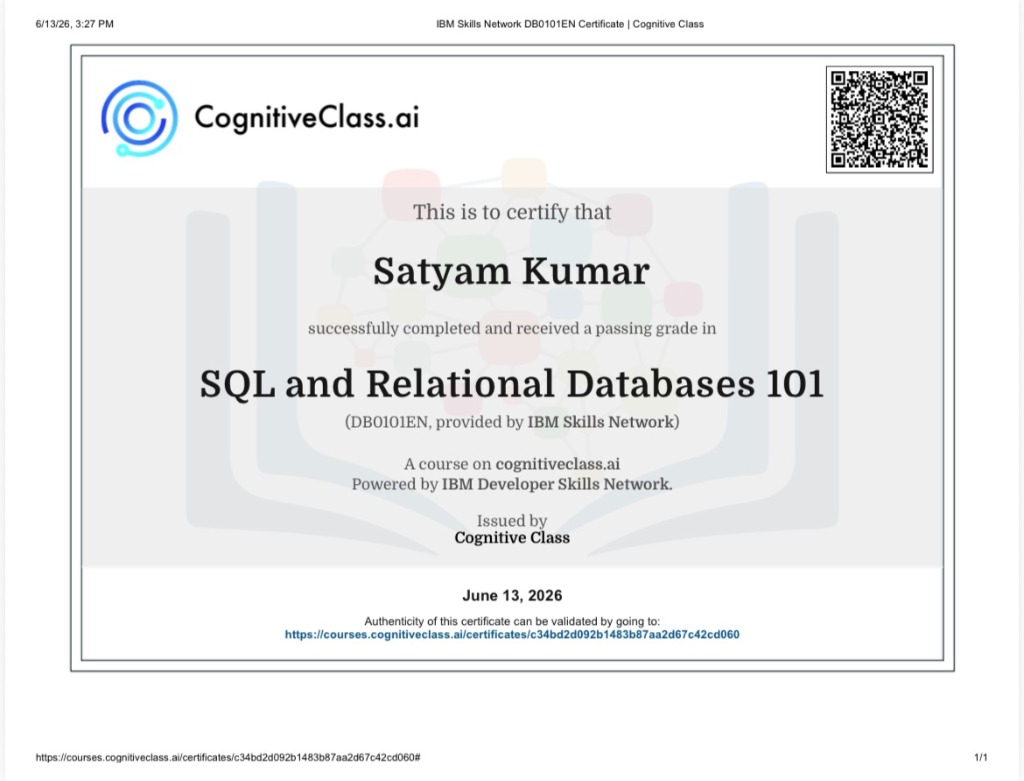 SQL and Relational Databases 101 Certificate