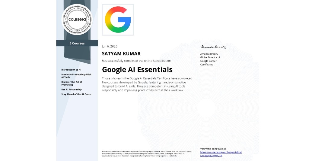 Google AI Essentials Specialization Certificate